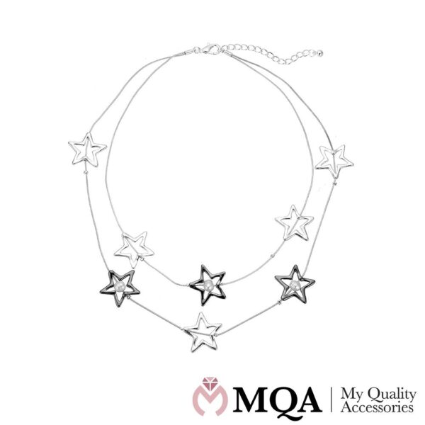 Halskæde sølvfarvet, dobbelt, stjerner og perler, justerbar