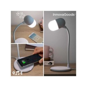 Hvid LED-lampe med højtaler og trådløs oplader