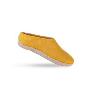Uldtøffel (100% ren uld) - Model Karry gul m/sål i skind - Dansk Design fra SHUS