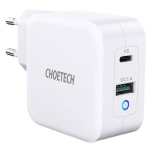 Choetech GaN 2-port USB-C PD og USB-A QC 3.0 Vægoplader 65W, hvid